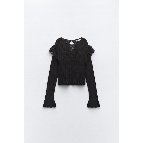 Zara Black Pointelle Ruffle Long Sleeve Semi Crop Top - Picture 5 of 10